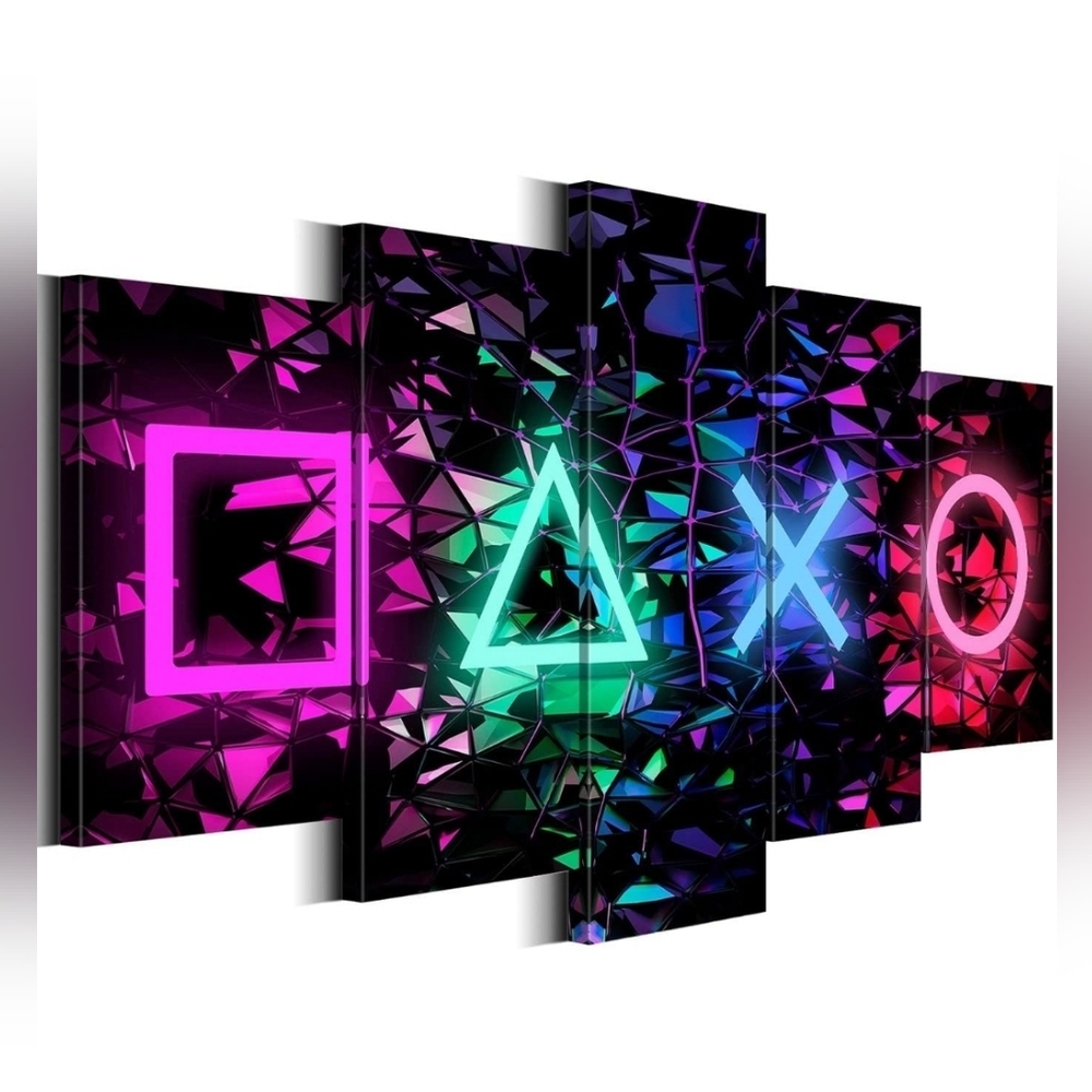 Gamer Neon Symbol Canvas Wall Art Decor – 5 Panel Set, Small